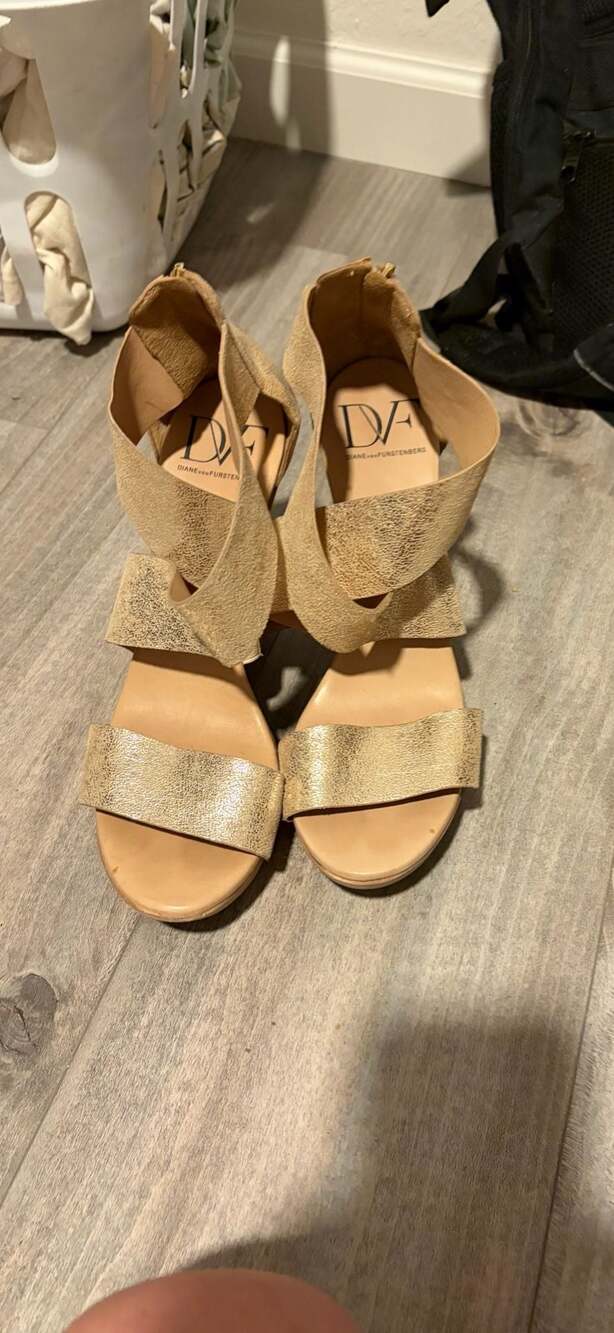 Diane von Furstenberg Gold Metallic Wood Wedge Sandals